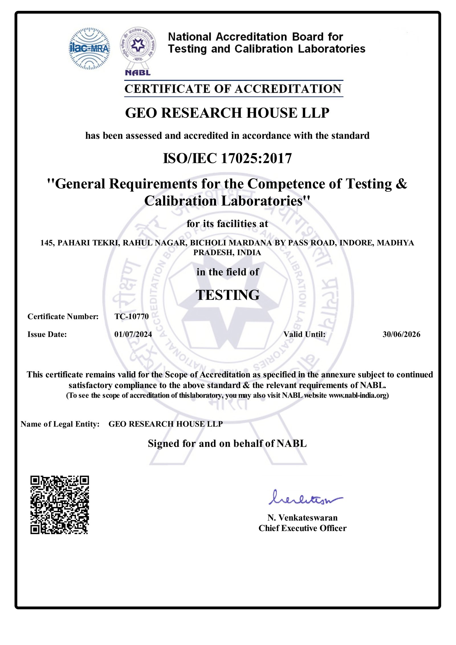 GEO Research House LLP Testing Certificate